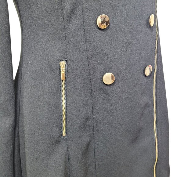 Timing Black Asymmetrical Zip Front Fit & Flare Dress Coat Medium Gold Buttons - Picture 3 of 9